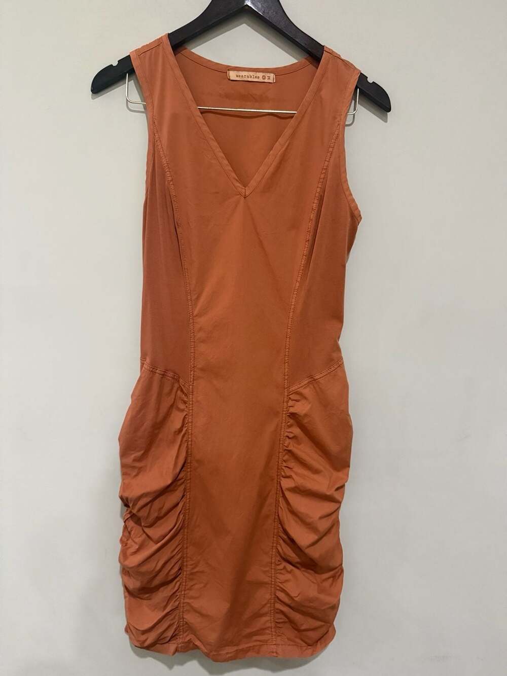 Wearables M Orange Ruched Pocket Dress Lagenlook Artsy Boho Sleeveless Cotton